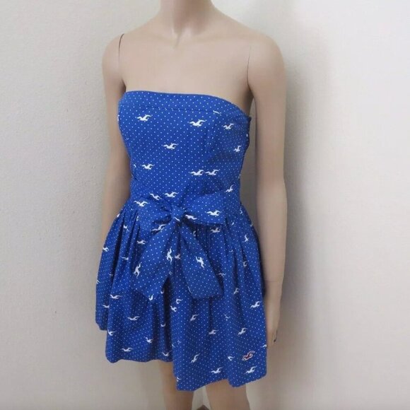 NWT Hollister Womens Polka Dot Seagull Strapless Dress Size Medium Blue Bow - Picture 3 of 7